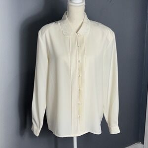 Claudia Richard Blouse Womens 12 Ivory Polyester Pleated Embroidered Collar Chic